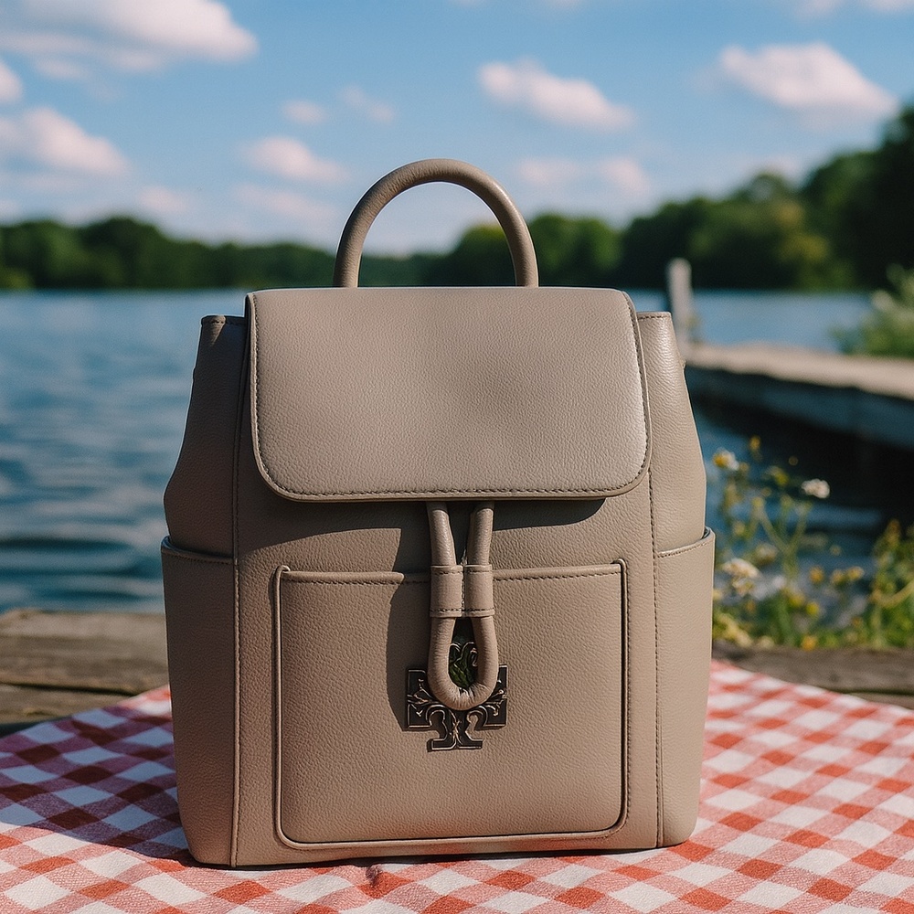NEW Tory Burch Britten Gray Leather Medium Backpack
